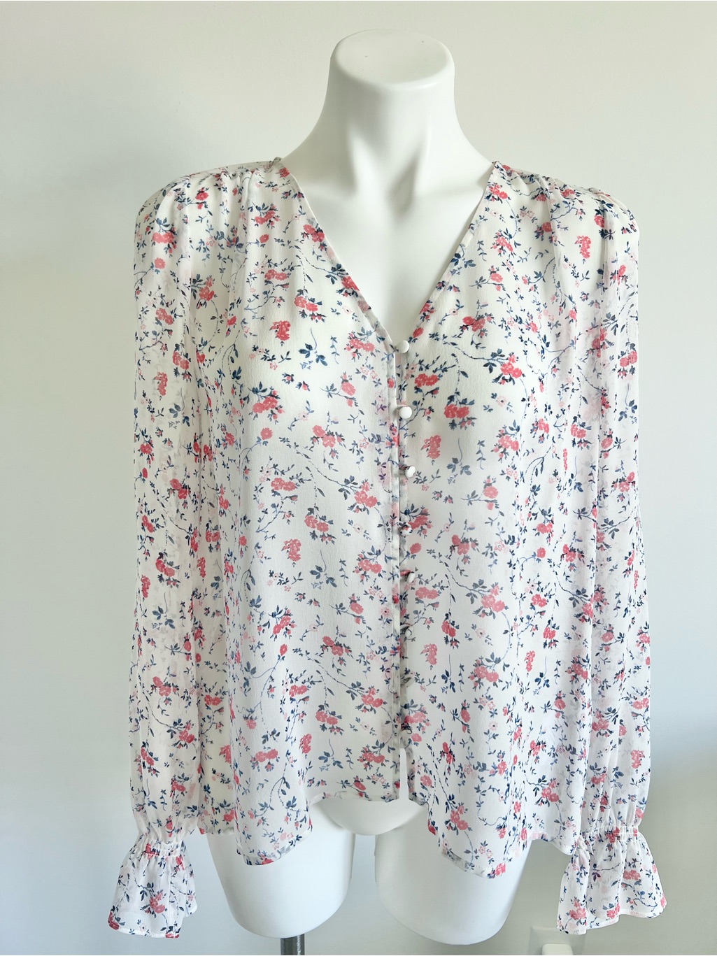 Joie New Floral Print Silk Button Up Bolona Blouse L Porcelain